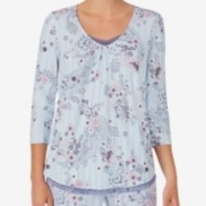 Ellen Tracy Womens Small 3/4 Sleeve Pajama Top Blue Purple Floral Paisley Mesh